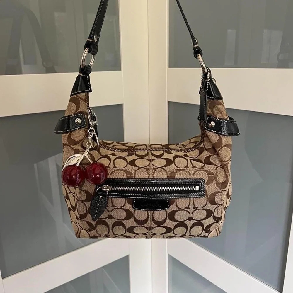 Coach Brown Signature Canvas Shoulder Bag with Black Trim